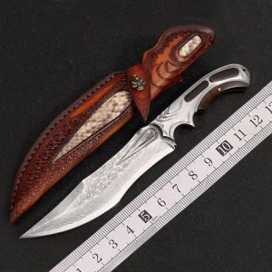 Handmade Forged Damascus Steel Hunting Knife Fixed Blade Knife With Leather Sheath For Outdoor Survival Camping Tactical Pocket  |  Knives