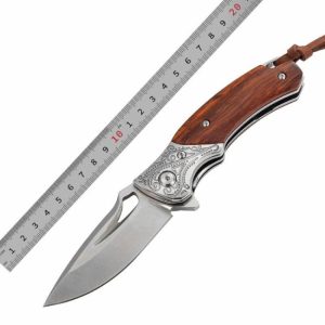 luxury M390 folding blade knife with rose wood handle camping knife outdoor hunting pocket knife leather pouch EDC tool  |  Knives