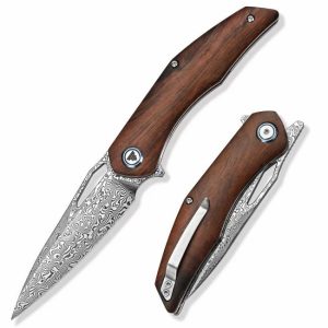 TRIVISA 110 Layers Damascus Blade Ironwood Handle Folding Camping Pocket Hunting Tactical Knife with clip  |  Knives